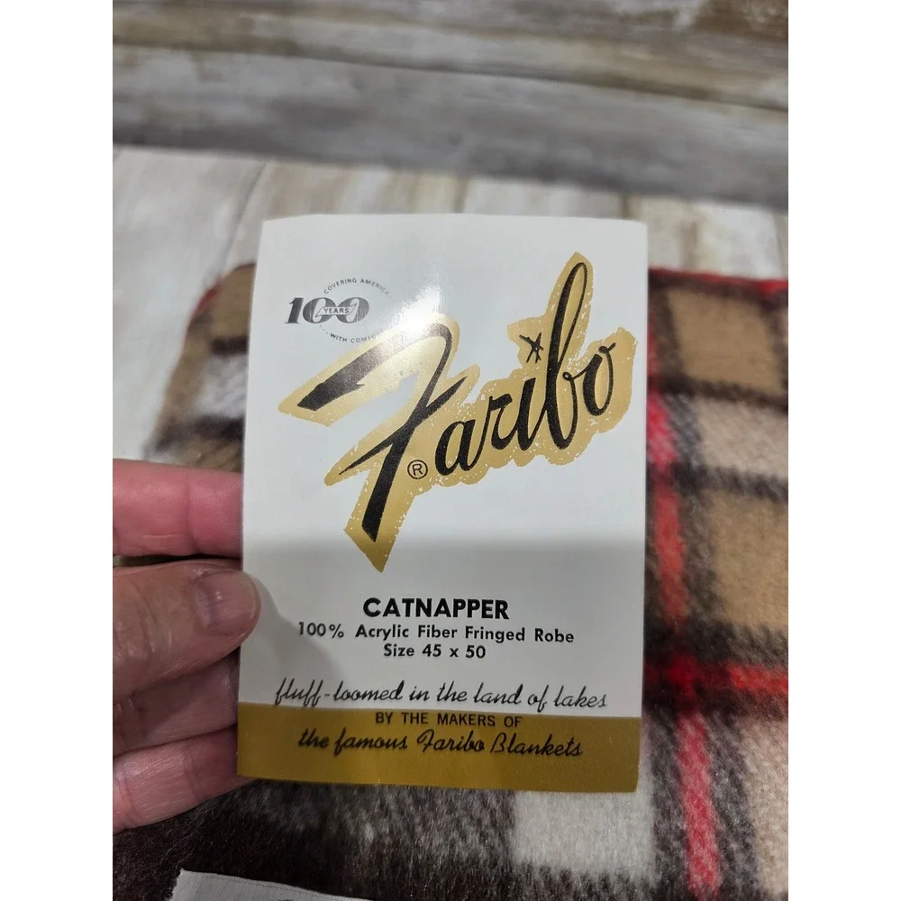 Vintage Faribo Catnapper Fringed Blanket Plaid Brown Tan 45x50